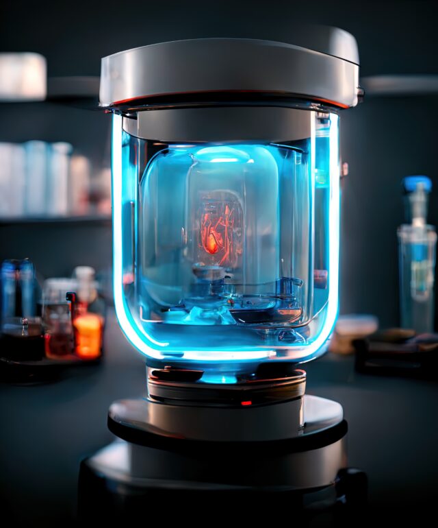 Abstract scientific medical interior blurred background. Blue li